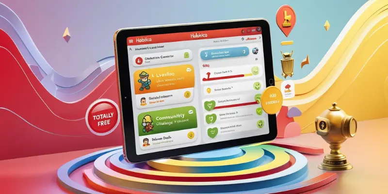 Habitica Gamified Habit Tracker 2025 Free Illustration of Habitica gamified habit tracker on tablet with leveling character, rewards chest, and community badge, showcasing free 2025 features.
