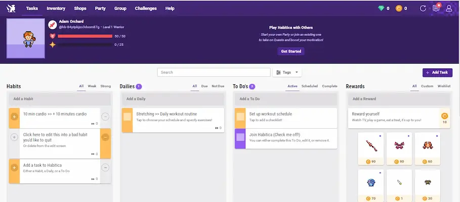 Habitica Gamified Habit Tracker Web Habitica web interface screenshot showing gamified habits, dailies, to-dos, and rewards.