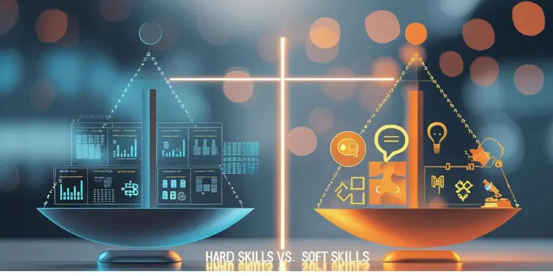 Hard Skills Vs Soft Skills Balance Scale Illustration Illustration of a balance scale comparing hard skills like data analysis and coding with soft skills like communication and creativity