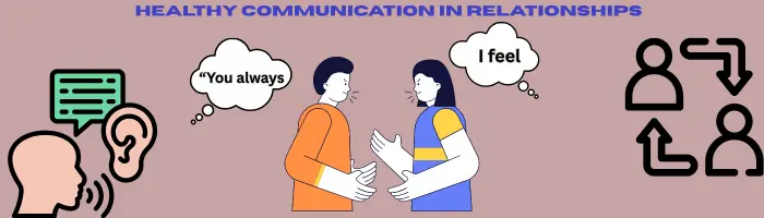 Healthy Communication Relationships I Statements Illustration showing active listening and a couple using "I statements" instead of "you statements" for healthy communication.