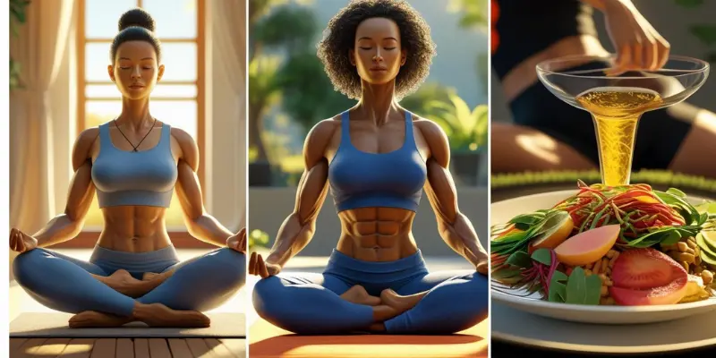 Holistic Lifestyle Gut Brain Collage showing holistic lifestyle habits like meditation and healthy eating for gut-brain support.