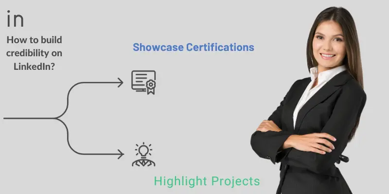 How To Build Credibility On Linkedin Infographic Infographic titled "How to build credibility on LinkedIn?" with two options: "Showcase Certifications" featuring a certificate icon, and "Highlight Projects" featuring a lightbulb icon, alongside an image of a professional woman in a suit.