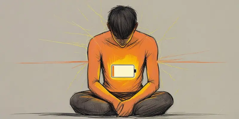 Illustration of a person with an almost empty battery icon in their chest, symbolizing energy drain and fatigue from dehydration.