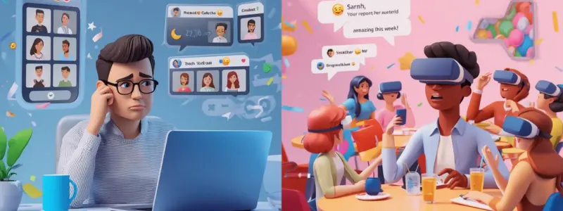 Hybrid Workplace Rapport Challenges Vr Async Engagement Split-screen illustration showing a stressed remote worker on a video call on the left, and a lively team-building session with people wearing VR headsets and celebrating achievements on the right.