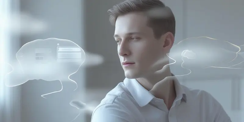 Identify Comparison Triggers Self Awareness Thoughtful person with transparent thought bubbles showing digital interfaces, symbolizing identifying comparison triggers.