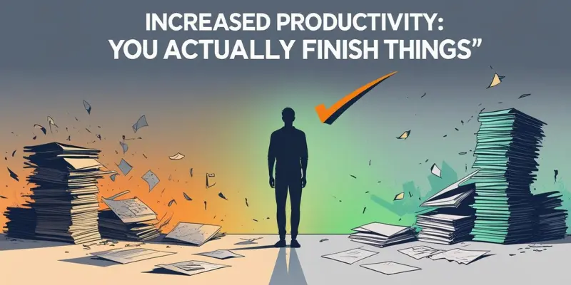 Increased Productivity Finish Thing Image for blog section 'Increased Productivity: You Actually Finish Things,' showing a person standing between scattered unfinished papers and neat stacks, with a checkmark arrow, and text in bold white.