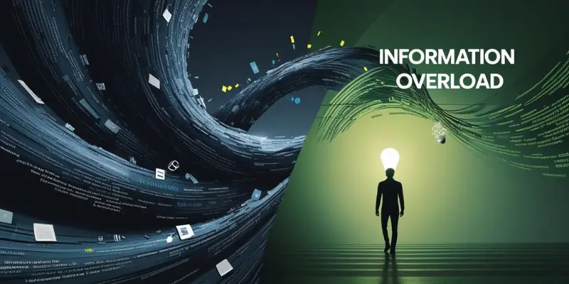 Information Overload Clarity Image for blog section 'Information Overload,' showing a person walking toward a lightbulb through swirling data streams, transitioning from dark blue chaos to green clarity, with text 'Information Overload' in bold white.