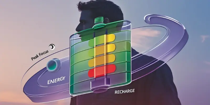 Inner Battery Energy Levels 2025 Productivity Futuristic 2025 illustration of a human with an inner battery showing energy levels, peak focus, and recharge stages for productivity.