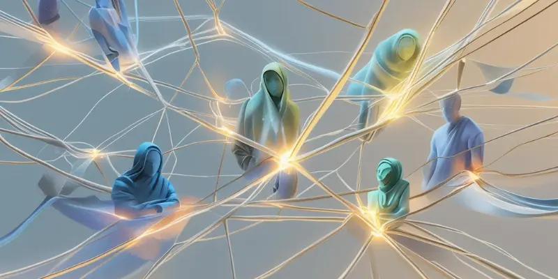 Interconnected Support Network Thriving Culture Abstract figures interconnected by glowing light lines, symbolizing support networks, communication, and psychological safety in a thriving culture.