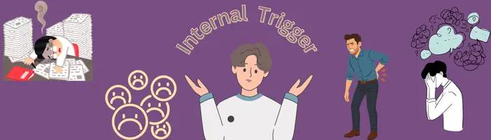 Internal Triggers Burnout Pain Illustration showing a person amidst internal triggers: burnout from work, sad emojis, back pain, and overwhelming negative thoughts.