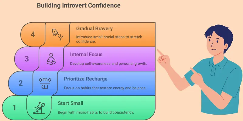 Introvert Confidence Habit Steps Guide Infographic: 4 steps to building introvert confidence through choosing the right habits.