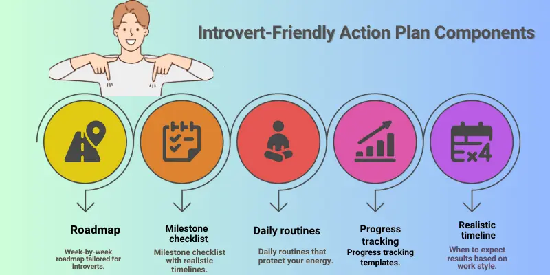 Introvert Friendly Action Plan Components Introvert-friendly action plan components including roadmap, milestone checklist, daily routines, progress tracking, and realistic timeline.