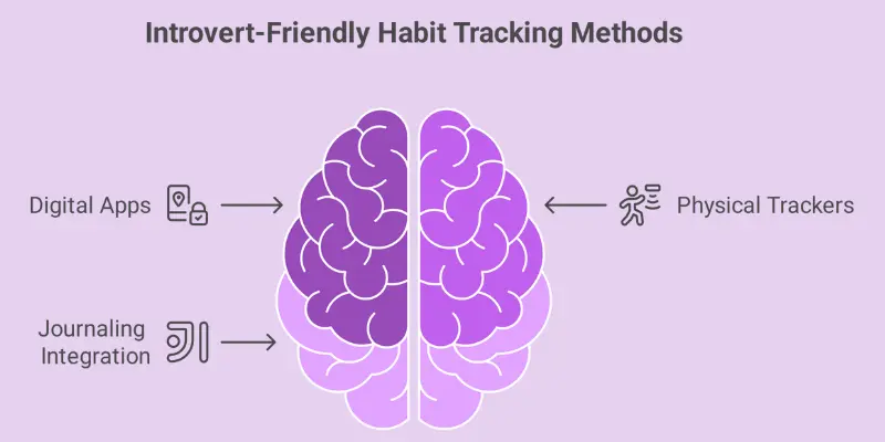 Introvert Friendly Habit Tracking Methods Infographic: Introvert-friendly habit tracking methods like digital apps, physical trackers, and journaling.