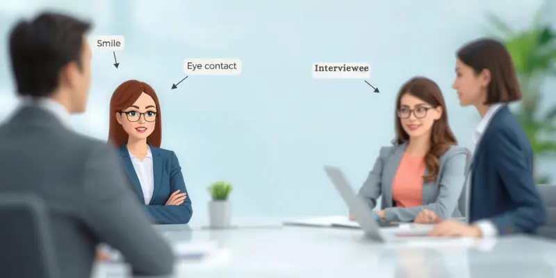 Job Interviewee Smile Eye Contact Body Language Delivery Illustration of a job interview showing an interviewee with smile, eye contact, and confident posture highlighted.