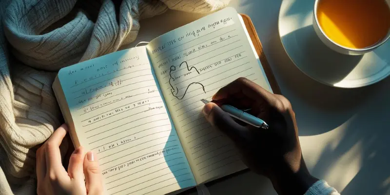 Journaling Emotional Processing Reflection Cozy Hands writing in an open journal with a pen, surrounded by cozy elements