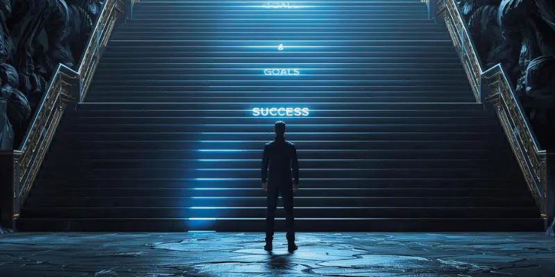 Journey To Success Goal Setting Personal Growth Stairs Person standing at the bottom of illuminated stairs labeled with words like “Goals” and “Success,” symbolizing the journey toward achievement and personal growth.