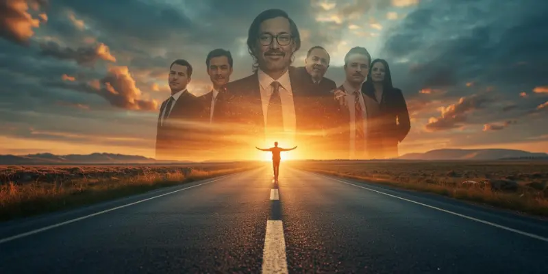 Leadership Vision Business Acumen Team A leader walking on a road with their team in the sky above.