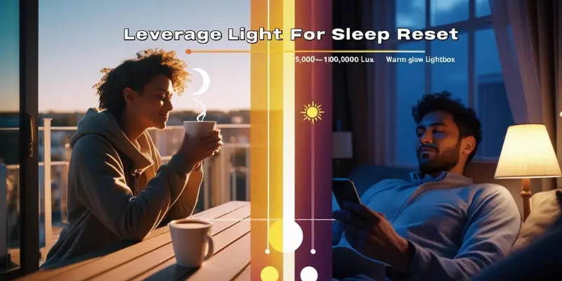 Leverage Light Sleep Reset Morning Evening Image showing morning light reset with a person drinking coffee on a balcony and evening light management with a person using a dimmed phone and lamp, labeled 'Leverage Light for Sleep Reset' with lux info.