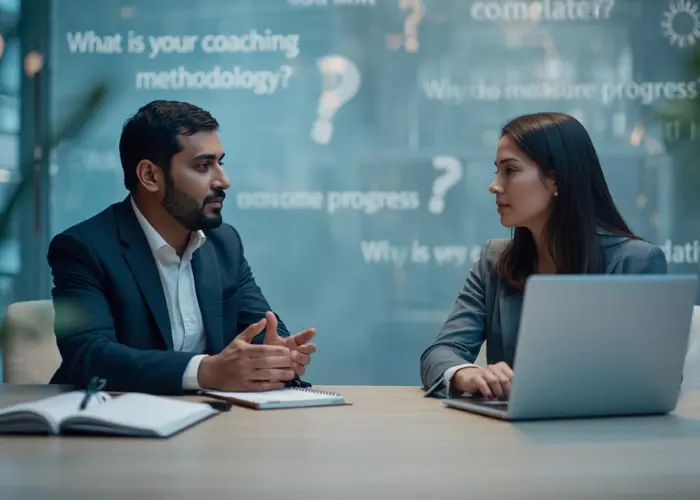Life Coach Client Consultation Coaching Methodology Vetting Life coach and client in a professional consultation, reviewing coaching methodology and measuring progress, with key vetting questions visible in the background.