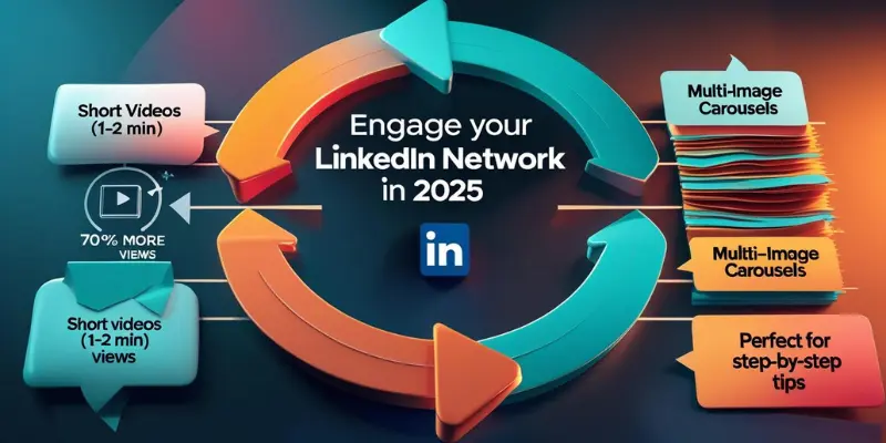 Linkedin Engagement 2025 Infographic Circular infographic titled "Engage your LinkedIn Network in 2025" featuring short videos (1-2 min) with a 70% more views stat and multi-image carousels perfect for step-by-step tips, highlighted with a LinkedIn logo.