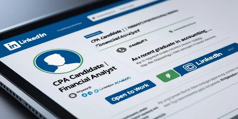 Linkedin Profile Optimization Example 2025 LinkedIn profile optimization example on a tablet, showing a professional headshot, keyword-rich headline 'CPA Candidate | Financial Analyst,' engaging 'About' section, and 'Open to Work' badge for 2025 guide.