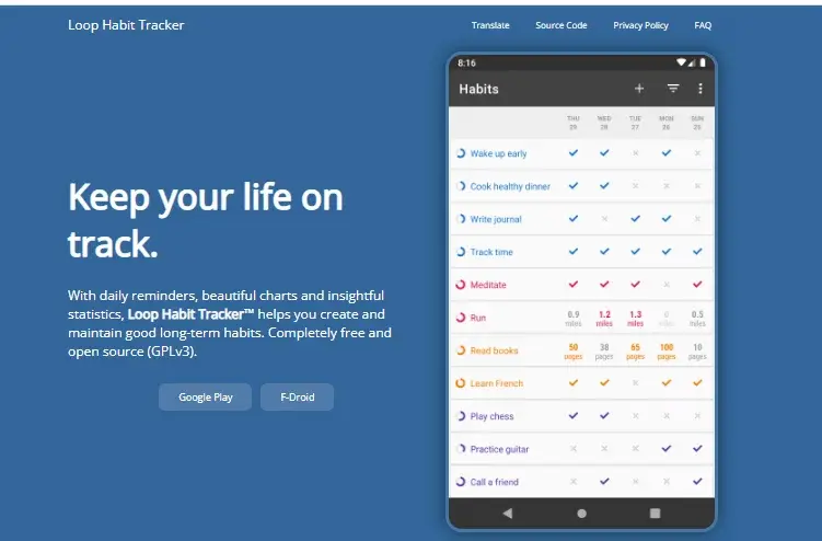 Loop Habit Tracker Loop Habit Tracker app screenshot on Android, highlighting free, privacy-focused tracking.