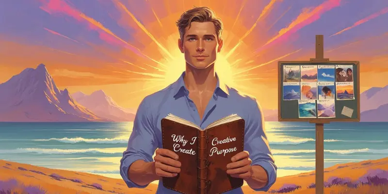 Man Holding Notebook Creative Purpose Golden Hour Beach Landscape Man holding a notebook with "Why I Create" and "Creative Purpose" text, standing in front of a vision board and a golden hour beach landscape.