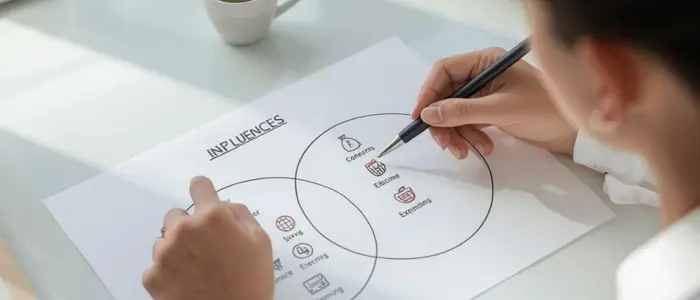Mapping Controllables Circles Of Control Stress Management Productivity Person mapping controllables and influences on a Venn diagram worksheet at a desk, illustrating focus on what can be controlled for stress management.