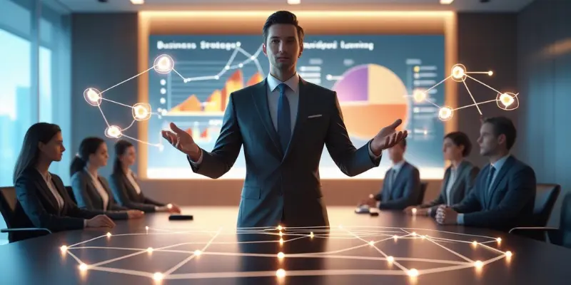 Mental Rehearsal Peak Performance Business Presentation Confident professional leading a business presentation with 3D wireframe elements, symbolizing mental rehearsal and strategic thinking, in a modern meeting room.