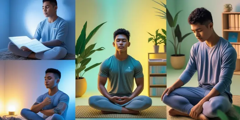 Mental Toughness Eercise Student Calm Mindfulness A collage of a male student practicing various mental toughness exercises: reading, mindful breathing, meditation, and light yoga, in peaceful settings with soft lighting and plants around. The atmosphere is calm and focused, with pastel colors enhancing the sense of tranquility.