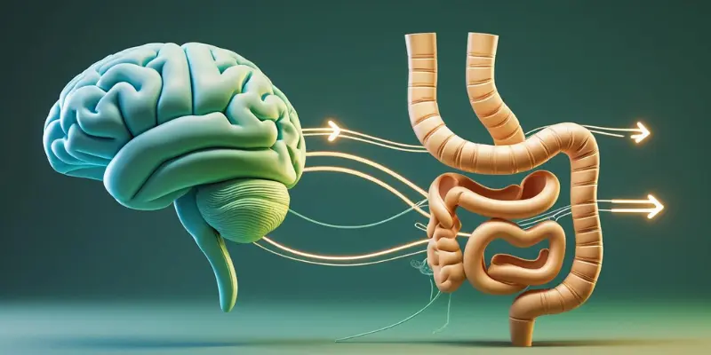 Mind Gut Connection Brain Intestines Mind-gut connection diagram showing brain and intestines linked by communication lines.
