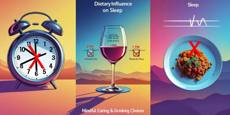 Mindful Eating Sleep Caffeine Alcohol Meals Three-panel image on mindful eating: clock at 2 PM with no caffeine, wine glass with 3 PM alcohol limit, and plate with crossed heavy meal, tied to sleep wave.