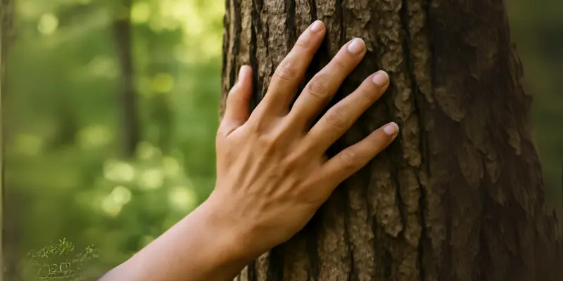Mindful Hand On Tree Bark Hand gently touching tree bark, symbolizing sensory engagement during a mindful nature walk