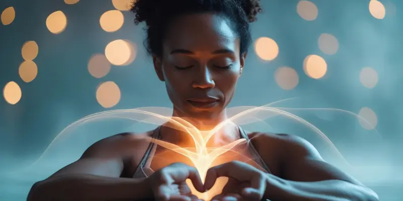 Mindful Inner Calm Radiating Energy Woman with hands forming heart, radiating calm energy, symbolizing mindfulness
