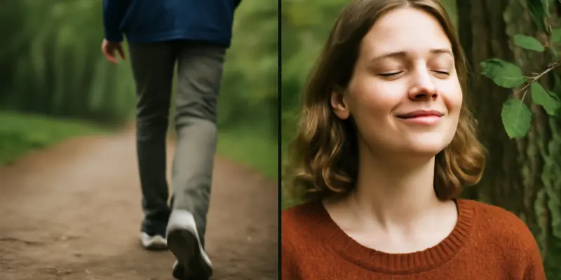 Mindful Vs Regular Nature Walk Mindful nature walk vs regular walk showing present vs hurried person.