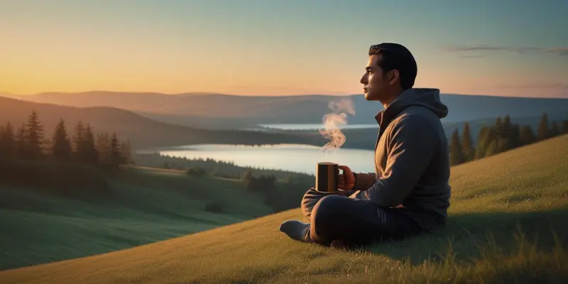 Mindfulness Sunrise Lake Presence Person sitting on a grassy hill at sunrise, holding a steaming coffee mug, overlooking a serene lake and forested mountains, embodying mindfulness and presence in nature.