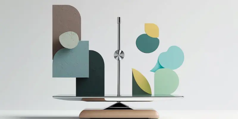 Modern Balanced Scales Emotional Intelligence Reframing A modern, perfectly balanced scale displaying abstract shapes in muted and vibrant colors, symbolizing emotional intelligence and reframing for equilibrium.