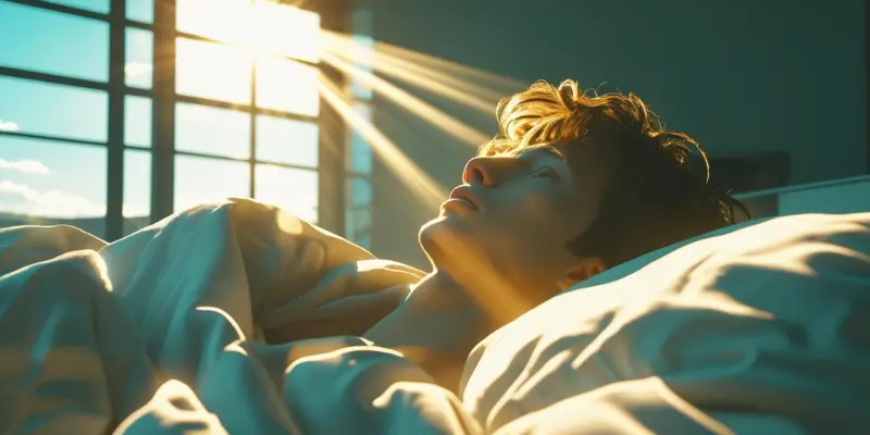 Morning Light Exposure Wake Up Signal Person waking up to morning sunlight, signaling alertness.