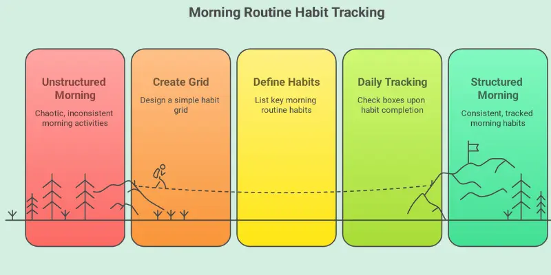 Infographic showing steps for analog morning routine habit tracking: from unstructured to structured, using a simple grid for daily habit completion.