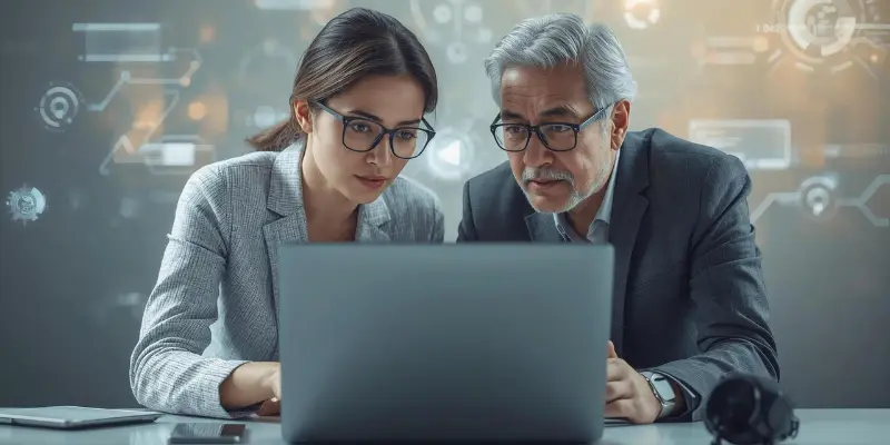 A younger female professional and an older male colleague looking intently at a laptop together in a modern office. The scene is overlayed with glowing digital AI nodes and data icons, symbolizing cross-generational technology training and collaboration.