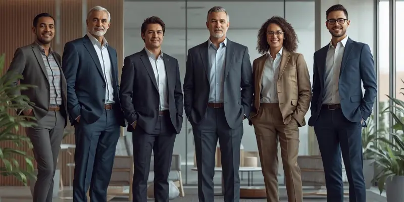 Multigenerational Workforce Team Generations 2026 A wide-angle professional portrait of a diverse, multigenerational business team of six people. Individuals of varying ages, genders, and ethnicities are standing confidently in a sleek modern office lobby, dressed in business attire and smiling, representing all five work generations: Boomers, Gen X, Millennials, Gen Z, and Gen Alpha (early career).