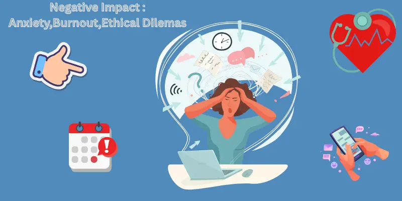 Negative Impacts Peer Pressure Workplace Shadowed figures depicting peer pressure's negative impacts in a 2025 workplace: anxiety clutch, burnout slump, ethical hesitation, and health stress cascade in a hybrid office.