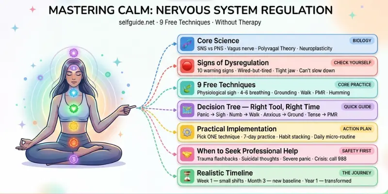 Mind map infographic on nervous system regulation techniques for mastering calm.