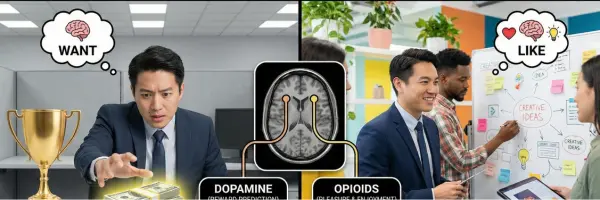 Neuroscience Of Work Motivation Wanting Vs Liking Infographic A split-screen infographic comparing "WANTING" vs. "LIKING" in work motivation. The left "WANTING" side shows a man chasing external rewards like money and a trophy, linked to dopamine. The right "LIKING" side shows him engaged in creative collaboration in a vibrant workspace, linked to opioids. A central brain scan illustrates the different neural pathways, with text below emphasizing "THE NEUROSCIENCE OF WORK MOTIVATION: CONNECTING TASKS TO REAL ENJOYMENT.