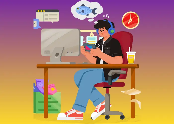 Online Coaching Virtual Learning Flexibility Convenience Young man sitting at a desk with headphones on, using a smartphone while a computer screen is in front of him, symbolizing online coaching and virtual learning flexibility.