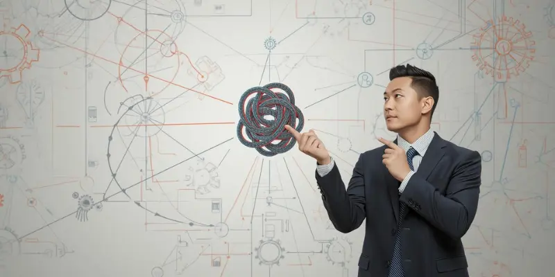 Operational Acumen Solving Business Process Bottlenecks Businessman pointing at a complex tangled knot, representing operational problem-solving.
