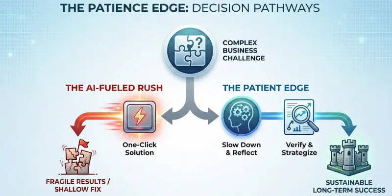 Infographic titled "The Patience Edge: Decision Pathways" illustrating two approaches to a complex business challenge. The left "AI-Fueled Rush" path leads to fragile results, while the right "Patient Edge" path leads to sustainable long-term success through reflection and strategy.