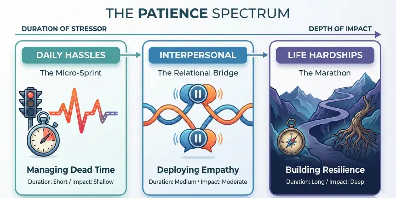 Infographic titled "THE PATIENCE SPECTRUM" illustrating three types of patience: Daily Hassles (The Micro-Sprint), Interpersonal (The Relational Bridge), and Life Hardships (The Marathon), arranged by increasing duration of stressor and depth of impact.