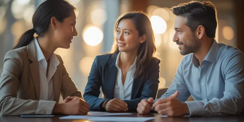 Pbod Cultivating Relationships Meeting Professionals in discussion, representing cultivating strong mentorship relationships within a Personal Board of Directors.