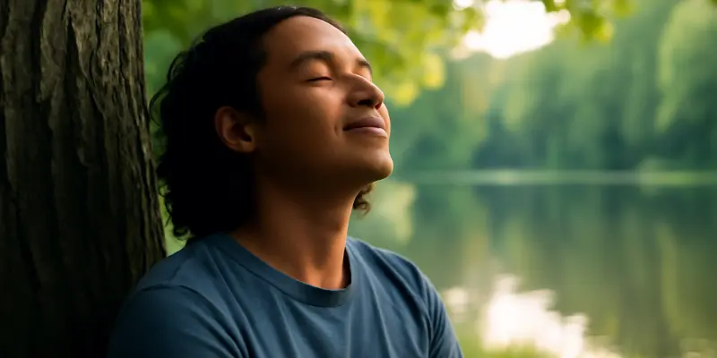 Person Calm Nature Stress Relief Person with eyes closed smiling peacefully leaning on a tree by water, embodying calm and stress relief in nature.